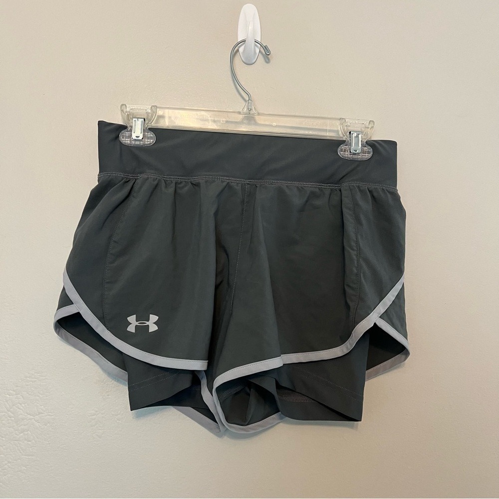 Under Armour Womens Speedpocket 2-in-1 Running Shorts Gray HeatGear Small